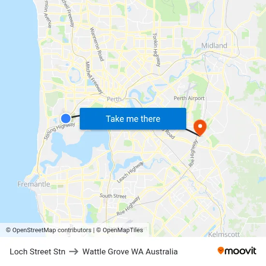 Loch Street Stn to Wattle Grove WA Australia map