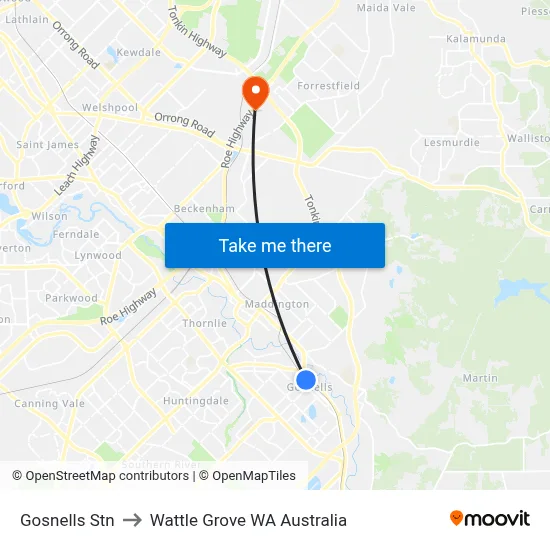 Gosnells Stn to Wattle Grove WA Australia map