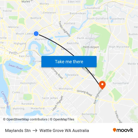 Maylands Stn to Wattle Grove WA Australia map