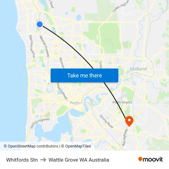 Whitfords Stn to Wattle Grove WA Australia map