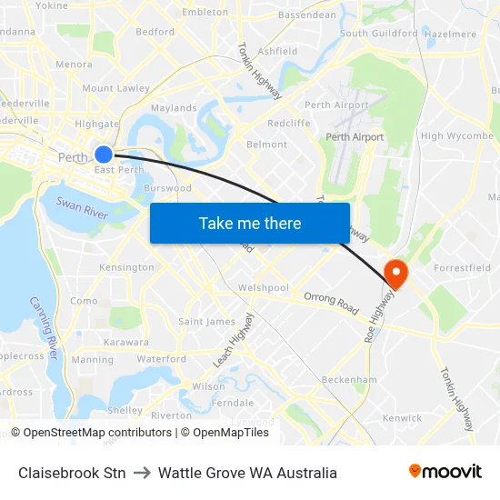 Claisebrook Stn to Wattle Grove WA Australia map
