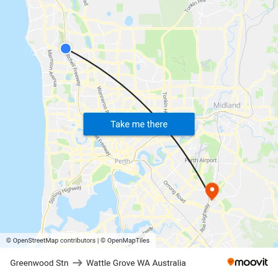 Greenwood Stn to Wattle Grove WA Australia map