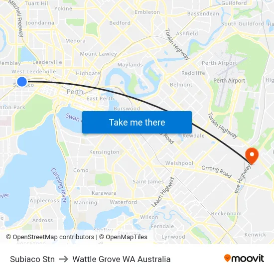Subiaco Stn to Wattle Grove WA Australia map