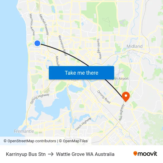 Karrinyup Bus Stn to Wattle Grove WA Australia map