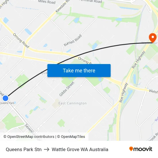 Queens Park Stn to Wattle Grove WA Australia map
