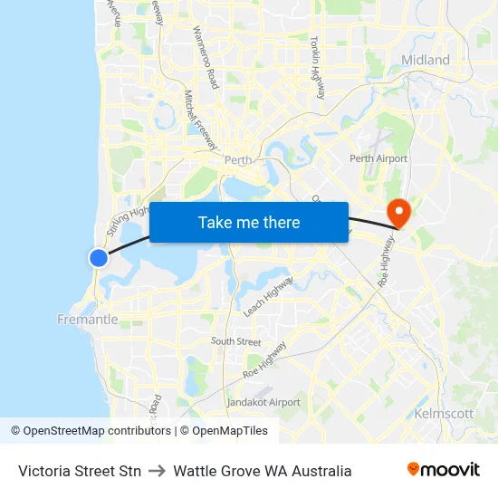 Victoria Street Stn to Wattle Grove WA Australia map