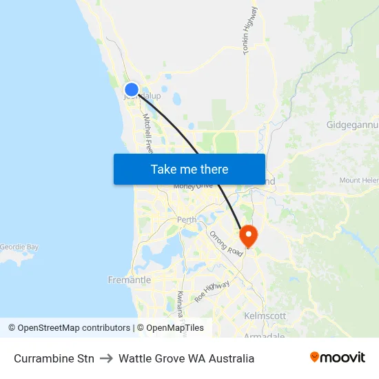 Currambine Stn to Wattle Grove WA Australia map