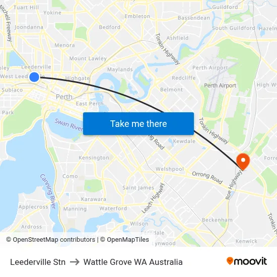 Leederville Stn to Wattle Grove WA Australia map