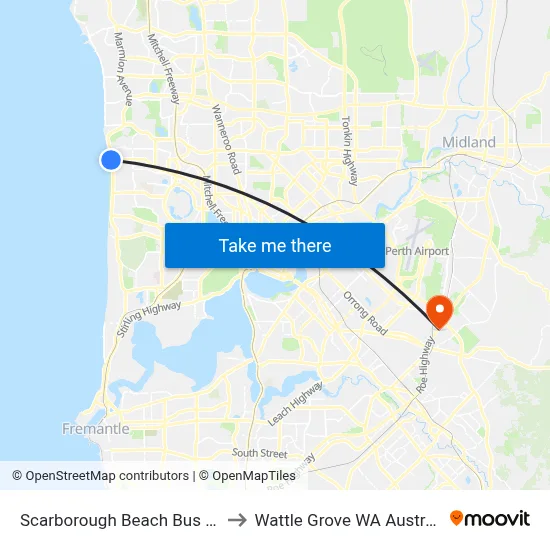 Scarborough Beach Bus Stn to Wattle Grove WA Australia map