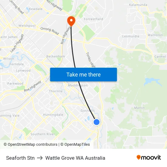 Seaforth Stn to Wattle Grove WA Australia map