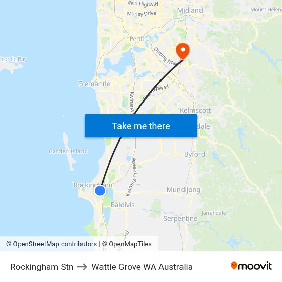 Rockingham Stn to Wattle Grove WA Australia map