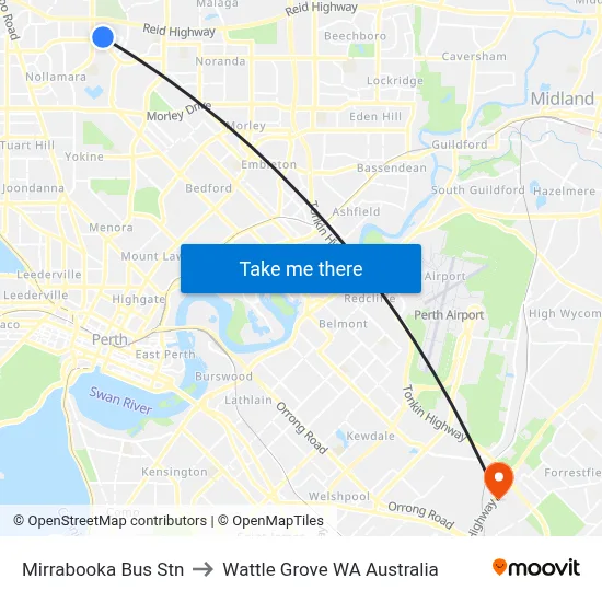 Mirrabooka Bus Stn to Wattle Grove WA Australia map