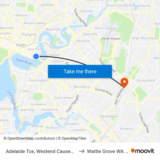 Adelaide Tce, Westend Causeway Eastbound to Wattle Grove WA Australia map