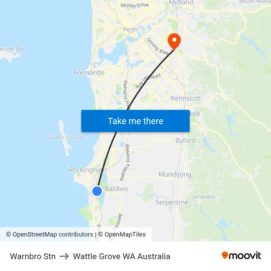 Warnbro Stn to Wattle Grove WA Australia map