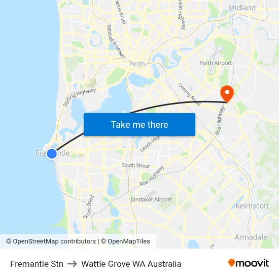 Fremantle Stn to Wattle Grove WA Australia map