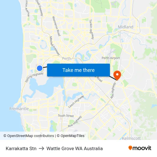 Karrakatta Stn to Wattle Grove WA Australia map