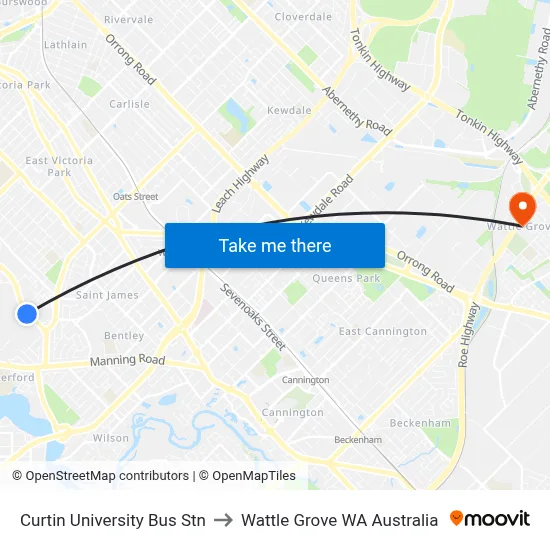 Curtin University Bus Stn to Wattle Grove WA Australia map