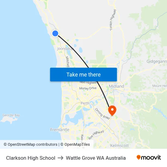 Clarkson High School to Wattle Grove WA Australia map