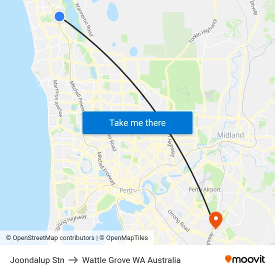 Joondalup Stn to Wattle Grove WA Australia map