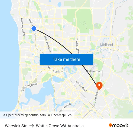 Warwick Stn to Wattle Grove WA Australia map
