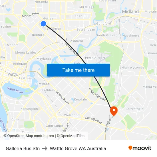 Galleria Bus Stn to Wattle Grove WA Australia map