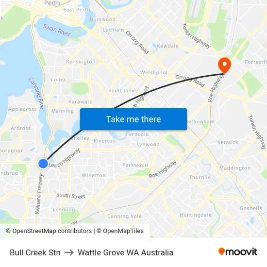 Bull Creek Stn to Wattle Grove WA Australia map
