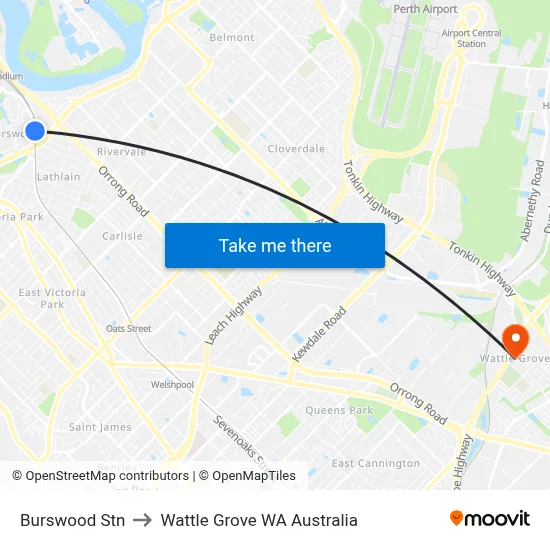Burswood Stn to Wattle Grove WA Australia map