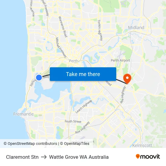 Claremont Stn to Wattle Grove WA Australia map