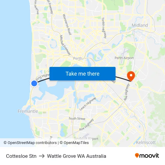 Cottesloe Stn to Wattle Grove WA Australia map