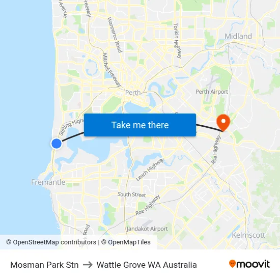 Mosman Park Stn to Wattle Grove WA Australia map