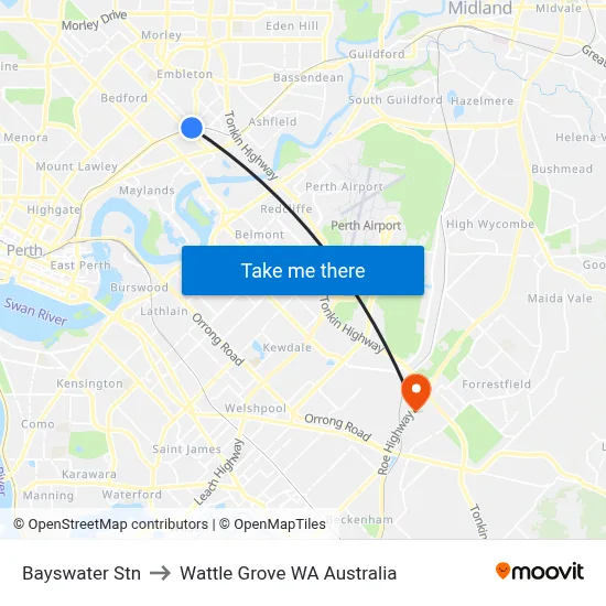 Bayswater Stn to Wattle Grove WA Australia map