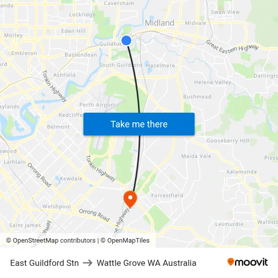 East Guildford Stn to Wattle Grove WA Australia map