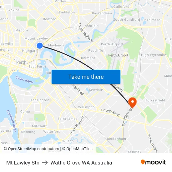 Mt Lawley Stn to Wattle Grove WA Australia map