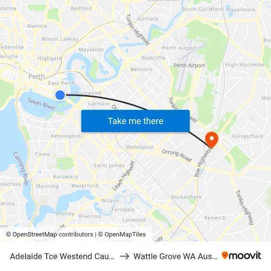 Adelaide Tce Westend Causeway to Wattle Grove WA Australia map