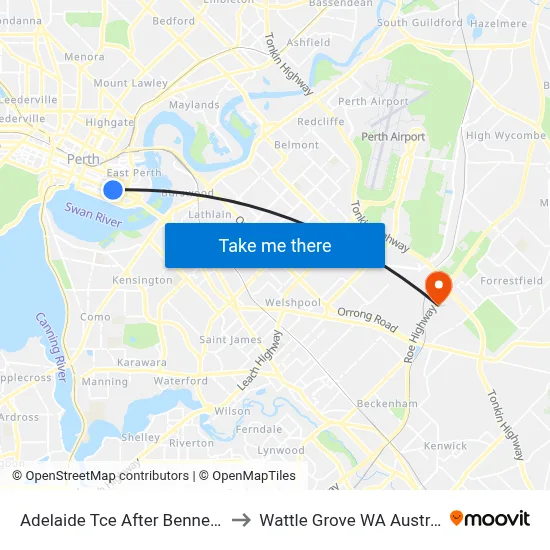 Adelaide Tce After Bennett St to Wattle Grove WA Australia map