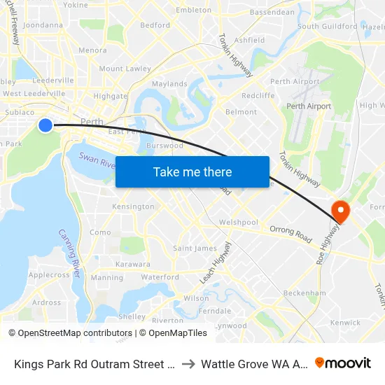 Kings Park Rd Outram Street Cat Id 107 to Wattle Grove WA Australia map