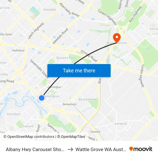Albany Hwy Carousel Shop Ctr to Wattle Grove WA Australia map