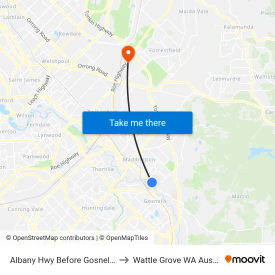 Albany Hwy Before Gosnells Rd to Wattle Grove WA Australia map