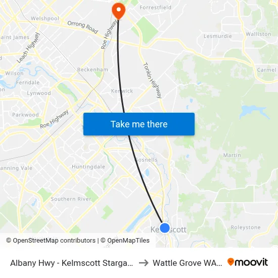 Albany Hwy - Kelmscott Stargate Shopping Ctr to Wattle Grove WA Australia map