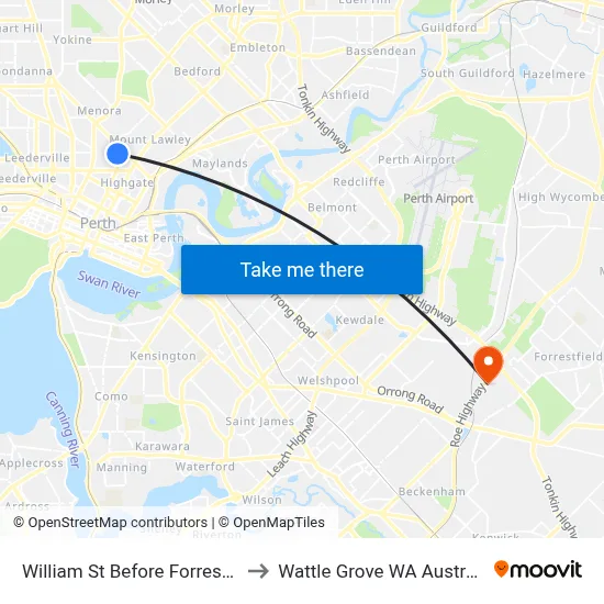 William St Before Forrest St to Wattle Grove WA Australia map