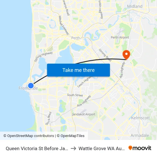 Queen Victoria St Before James St to Wattle Grove WA Australia map