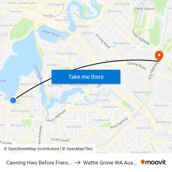 Canning Hwy Before Francis Rd to Wattle Grove WA Australia map