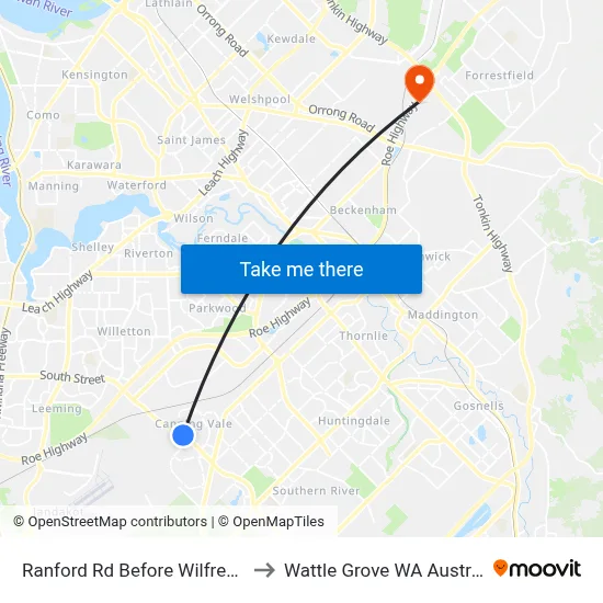 Ranford Rd Before Wilfred Rd to Wattle Grove WA Australia map