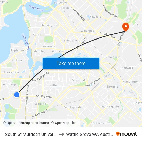 South St Murdoch University to Wattle Grove WA Australia map
