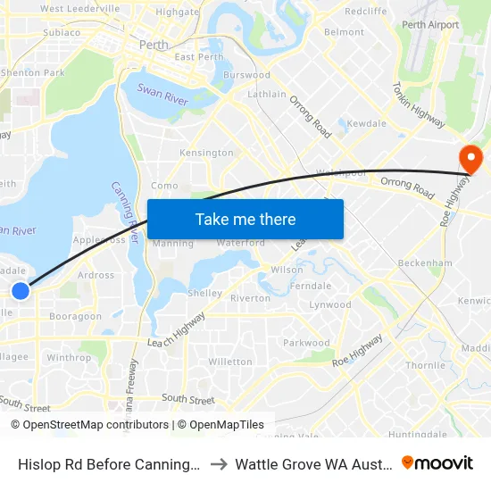 Hislop Rd Before Canning Hwy to Wattle Grove WA Australia map