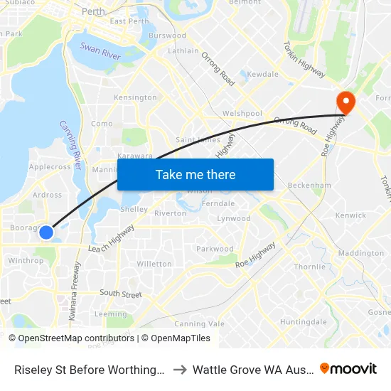 Riseley St Before Worthington Rd to Wattle Grove WA Australia map