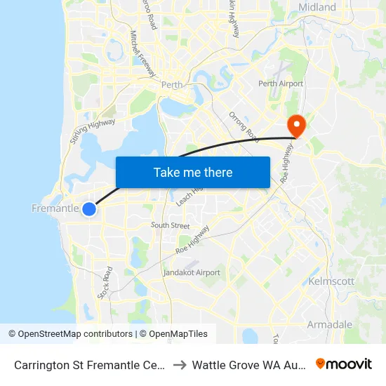 Carrington St Fremantle Cemetery to Wattle Grove WA Australia map
