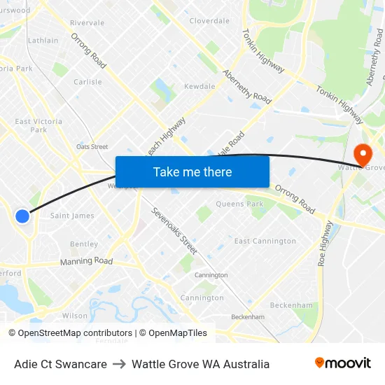 Adie Ct Swancare to Wattle Grove WA Australia map