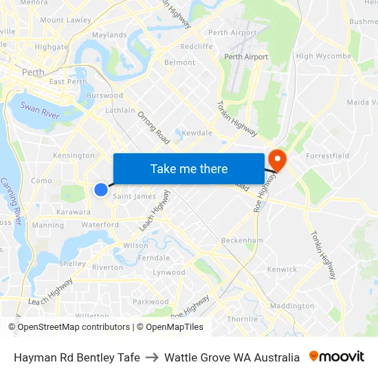 Hayman Rd Bentley Tafe to Wattle Grove WA Australia map