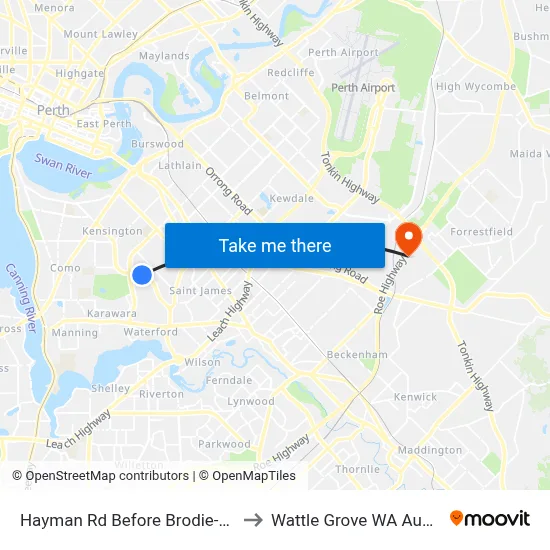 Hayman Rd Before Brodie-Hall Dr to Wattle Grove WA Australia map